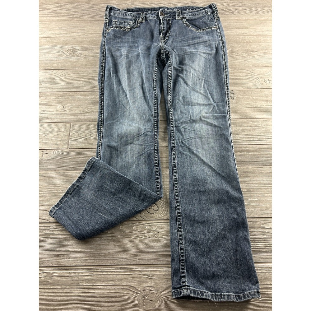 Cowgirl Tuff Co Womens Blue Denim Jeans Junkyard Bling 34X33 Dark Wash Bootcut